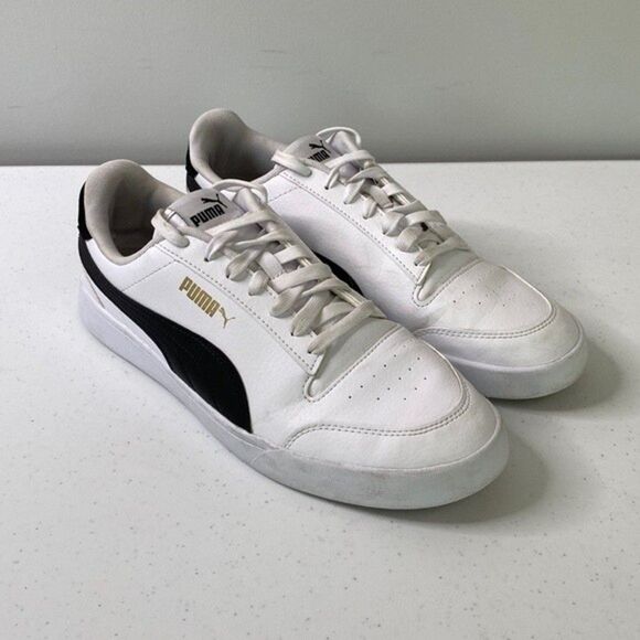 Puma White Black Shuffle Casual Sneaker Shoes Gold Logo Lace Up Classic Leather main image 6